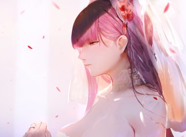 anthropomorphism breasts cleavage close girls frontline headdress isaka wasabi petals purple hair red eyes wa2000 (girls frontline) wedding attire