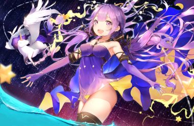 animal anthropomorphism azur lane cosplay dress elbow gloves gloves horse isaka wasabi long hair pegasus purple eyes purple hair tears thighhighs twintails unicorn (azur lane) vocaloid water xingchen