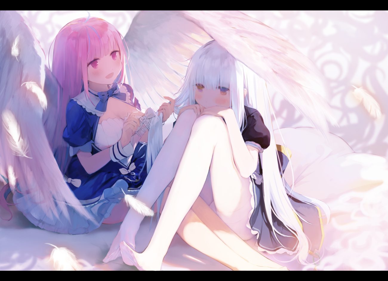 2girls blush brown eyes dress feathers hololive kagura gumi kagura mea long hair minato aqua muike pink eyes pink hair white hair wings