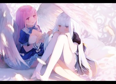 2girls blush brown eyes dress feathers hololive kagura gumi kagura mea long hair minato aqua muike pink eyes pink hair white hair wings