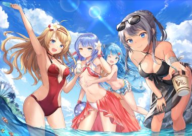 animal artemia (king's raid) ball bicolored eyes bikini bird blonde hair blue eyes blue hair breasts brown eyes choker cleavage drink fish flowers food gray hair group horns hug kara (king's raid) king's raid lilia (king's raid) long hair mosta (lo1777789) navel pointed ears popsicle ribbons scarlet (king's raid) sky sunglasses swim ring swimsuit tail tree water