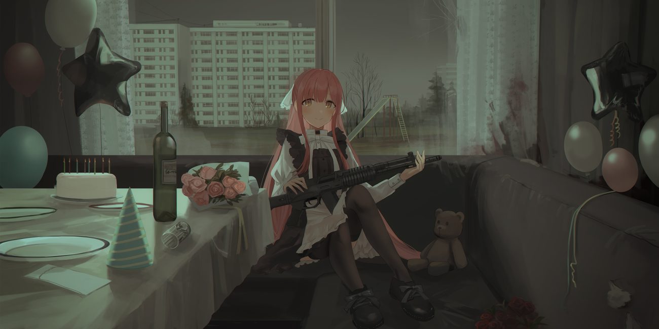 apron building cake chihuri405 dark flowers food gun long hair maid orange eyes original pink hair rose teddy bear thighhighs weapon yana (chihuri)