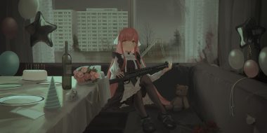 apron building cake chihuri405 dark flowers food gun long hair maid orange eyes original pink hair rose teddy bear thighhighs weapon yana (chihuri)