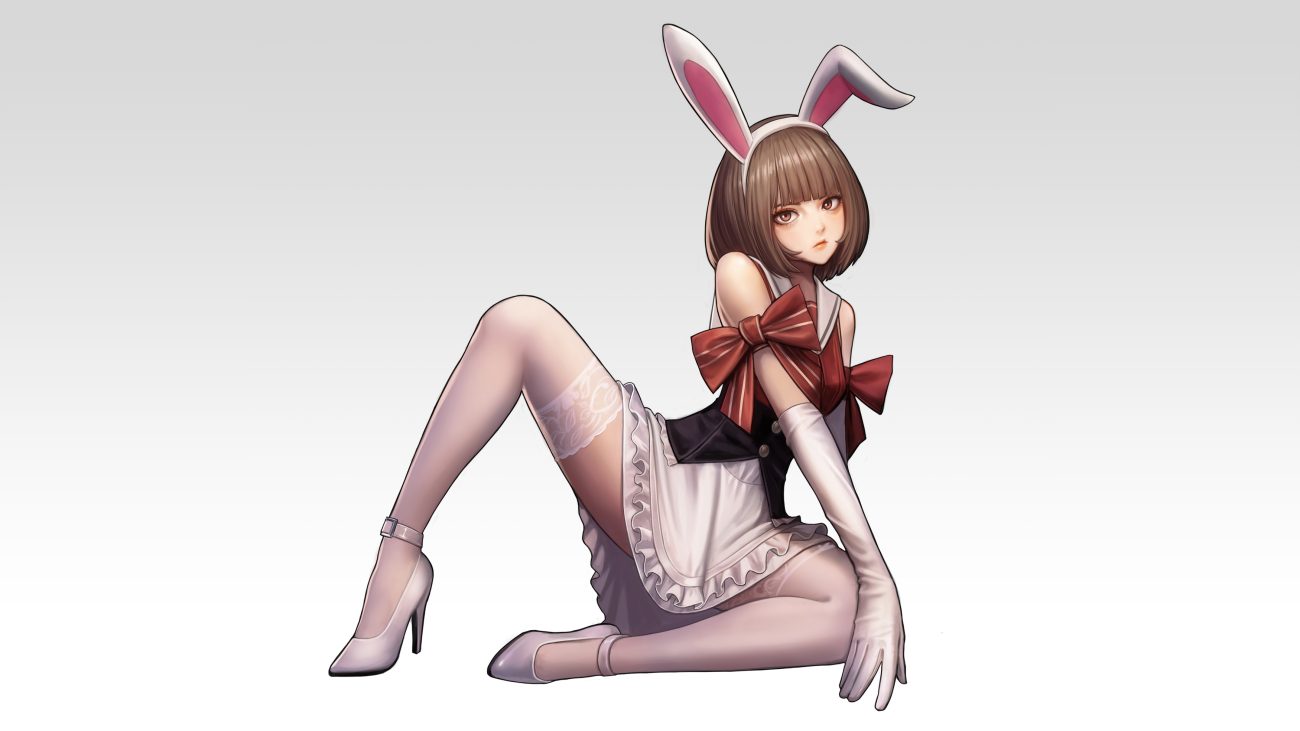 animal ears bow brown eyes brown hair bunny ears bunnygirl elbow gloves gloves gradient headband jungon original short hair skirt spread legs stockings thighhighs
