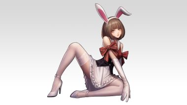 animal ears bow brown eyes brown hair bunny ears bunnygirl elbow gloves gloves gradient headband jungon original short hair skirt spread legs stockings thighhighs
