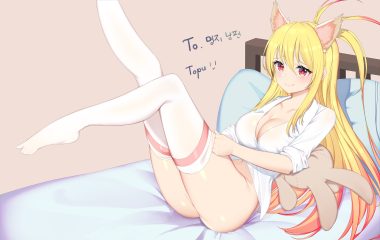animal ears bed blonde hair breasts bunny catgirl cleavage long hair naked shirt navel original red eyes shirt thighhighs topu undressing