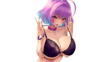 blush bra breasts collar fang idolmaster idolmaster cinderella girls pink eyes pink hair satou daiji short hair underwear white wristwear yumemi riamu