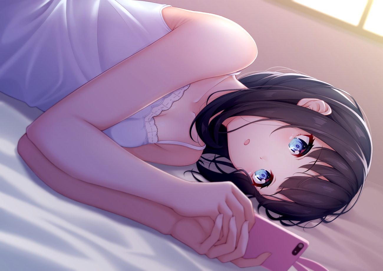 bed black hair blue eyes close ochiai miyabi original phone short hair