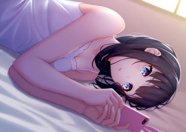 bed black hair blue eyes close ochiai miyabi original phone short hair