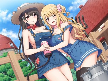 2girls black hair blonde hair blush breasts building cleavage cum hat hug long hair nakamura sumikage no bra original phone ponytail red eyes sideboob thighhighs tree wink