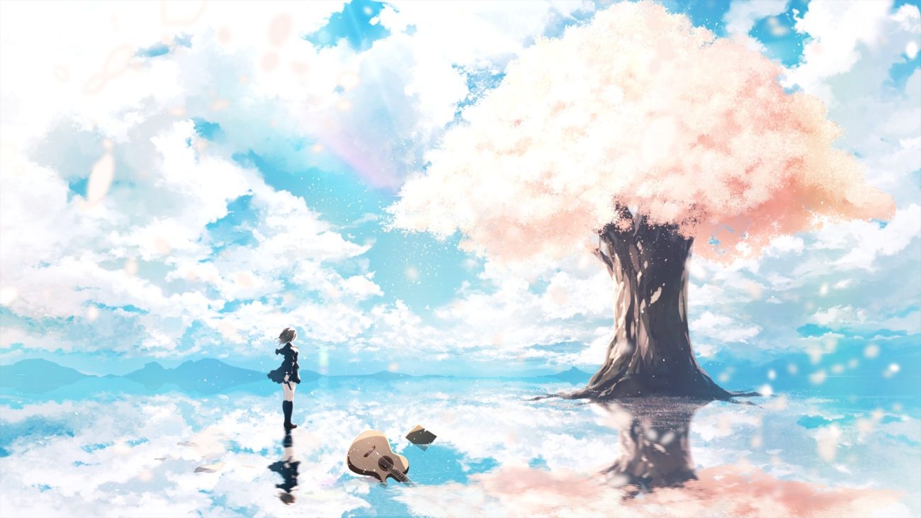 c.c.r (ccrgaoooo) cherry blossoms clouds flowers guitar instrument kneehighs original petals scenic school uniform sky tree vocaloid