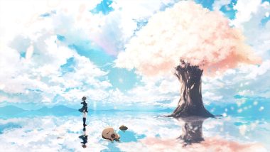 c.c.r (ccrgaoooo) cherry blossoms clouds flowers guitar instrument kneehighs original petals scenic school uniform sky tree vocaloid