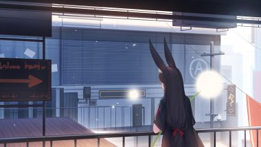 animal ears black hair building bunny ears bunnygirl long hair original scenic yao ren gui