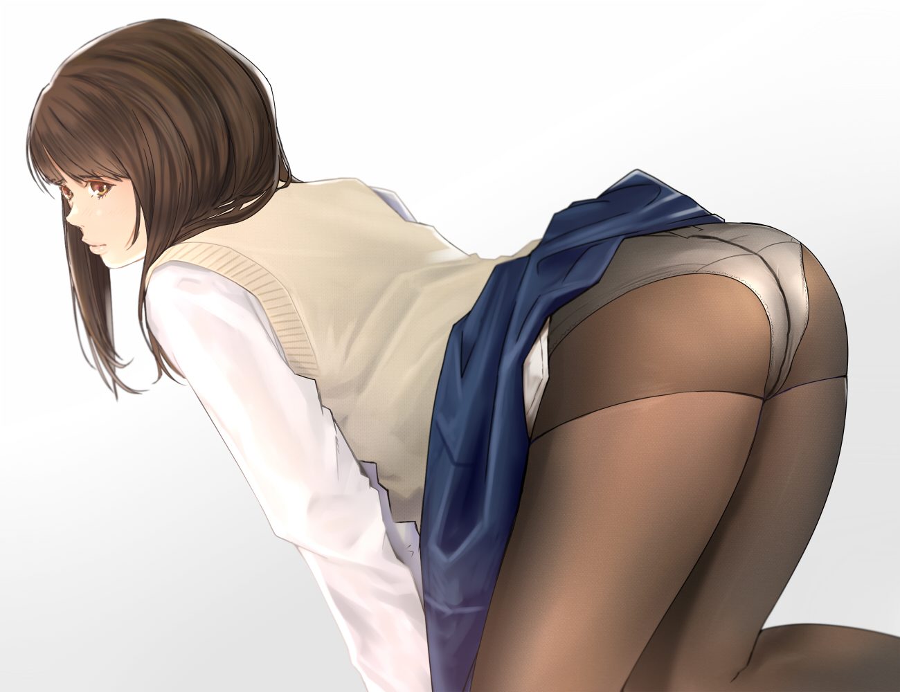 ass brown eyes brown hair gradient long hair original panties pantyhose school uniform skirt skirt lift tagme (artist) underwear white