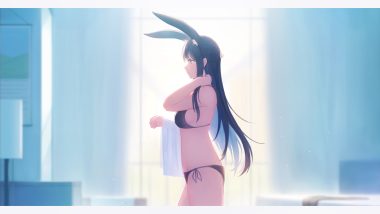 animal ears bikini black eyes black hair bunny ears bunnygirl long hair original swimsuit towel yao ren gui