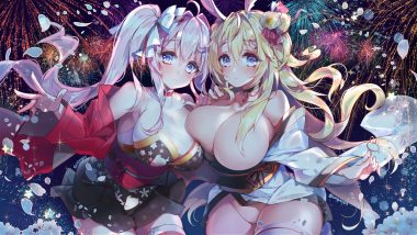 2girls animal ears blonde hair blue eyes blush breasts bunny ears bunnygirl cherry blossoms fireworks flowers japanese clothes kanola u long hair night no bra nopan original pink hair ponytail skirt lift thighhighs twintails