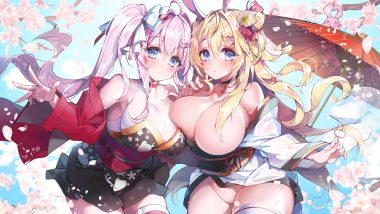 2girls animal ears blonde hair blue eyes blush breasts bunny ears bunnygirl cherry blossoms choker flowers japanese clothes kanola u long hair no bra nopan original pink hair ponytail skirt lift thighhighs twintails umbrella white hair