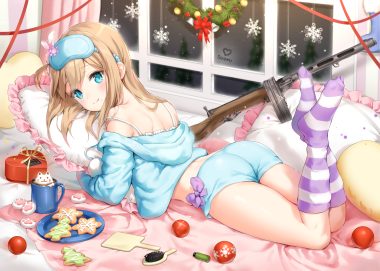 anthropomorphism aqua eyes ass bed blonde hair blush bow christmas drink food girls frontline gun hood kneehighs marmoset pajamas shorts suomi (girls frontline) weapon