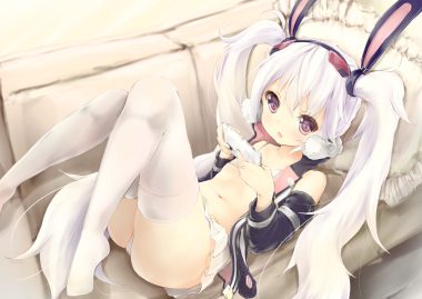 animal ears anthropomorphism azur lane bra bunny ears bunnygirl couch flat chest laffey (azur lane) loli long hair maru shion navel panties phone purple eyes skirt thighhighs twintails underwear