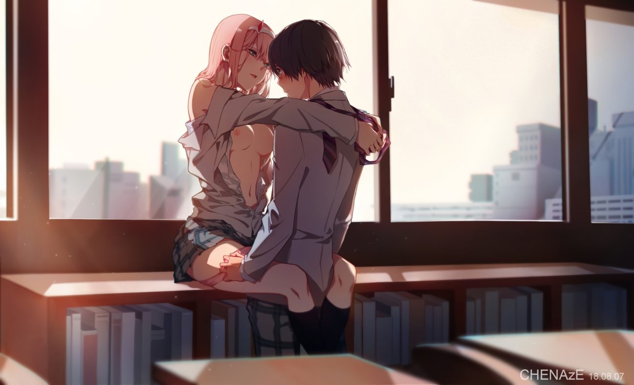 black hair blush book breasts building chenaze57 darling in the franxx green eyes hiro (darling in the franxx) horns long hair male navel nipples open shirt panty pull pink hair school uniform short hair skirt tie zero two