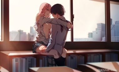 black hair blush book breasts building chenaze57 darling in the franxx green eyes hiro (darling in the franxx) horns long hair male navel nipples open shirt panty pull pink hair school uniform short hair skirt tie zero two