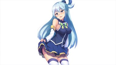 aqua eyes aqua hair aqua (konosuba) blush bow breasts kono subarashii sekai ni shukufuku wo! long hair momo no kanzume skirt skirt lift stockings thighhighs white zettai ryouiki