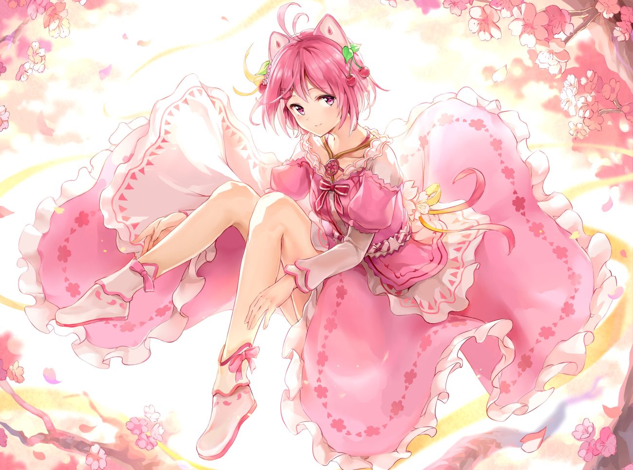 animal ears cherry blossoms dennou shoujo youtuber shiro dress flowers maeshimashi pink eyes pink hair ribbons shiro (dennou shoujo youtuber shiro) short hair