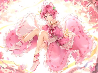animal ears cherry blossoms dennou shoujo youtuber shiro dress flowers maeshimashi pink eyes pink hair ribbons shiro (dennou shoujo youtuber shiro) short hair