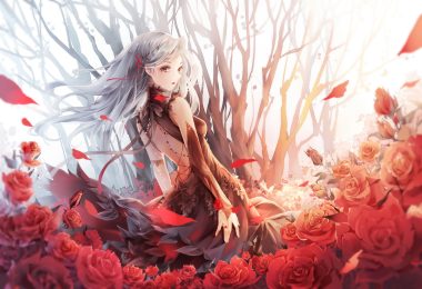 braids brown eyes dress emurina flowers gray hair long hair original red eyes rose tree