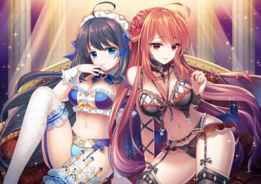 2girls black hair bra breasts cleavage demon erze (king's raid) flowers garter belt green eyes karen (navy 42) king's raid long hair mirianne (king's raid) panties pink hair rose stockings succubus underwear wings