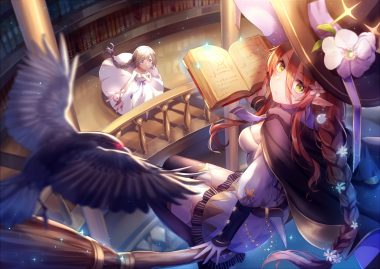 2girls animal bird book braids brown hair cape dress flowers garter belt green eyes hat itsia long hair pointed ears ponytail thighhighs witch witch hat