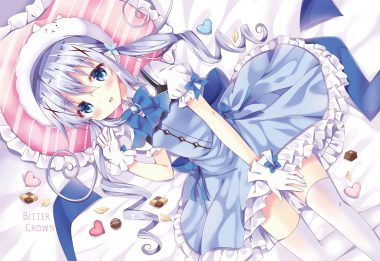 bitter crown blue eyes blush candy chocolate dress gloves gochuumon wa usagi desu ka? kafuu chino long hair thighhighs twintails waifu2x watermark zettai ryouiki