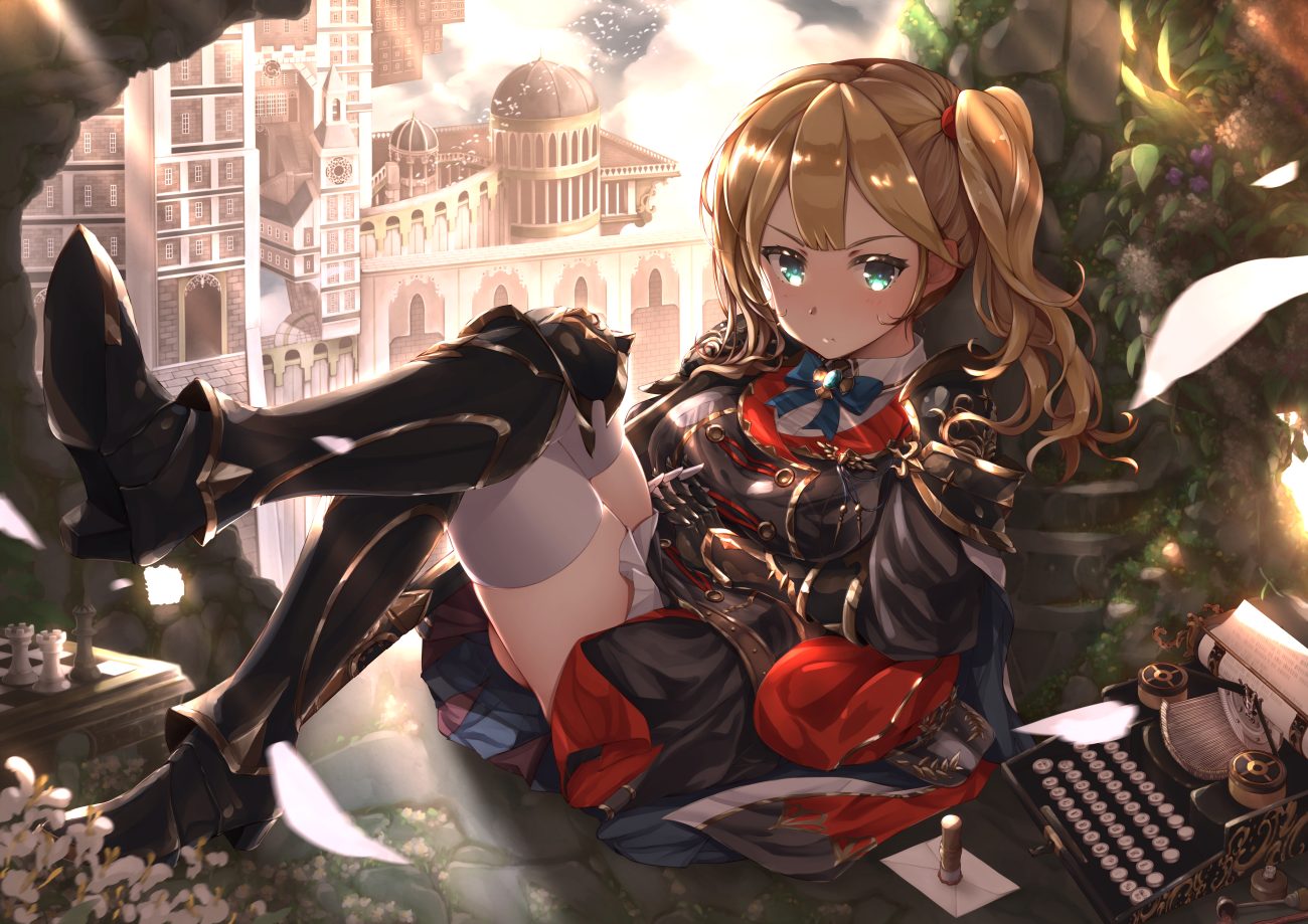 alicia (schrdingerscat) armor bow brown hair building chrisha (king's raid) dress flowers gloves green eyes king's raid long hair thighhighs twintails