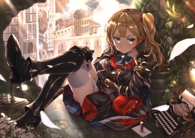 alicia (schrdingerscat) armor bow brown hair building chrisha (king's raid) dress flowers gloves green eyes king's raid long hair thighhighs twintails