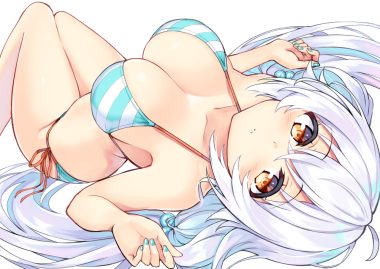 bikini breasts brown eyes cleavage cu-no hisen kaede long hair rapua qive swimsuit twintails white hair