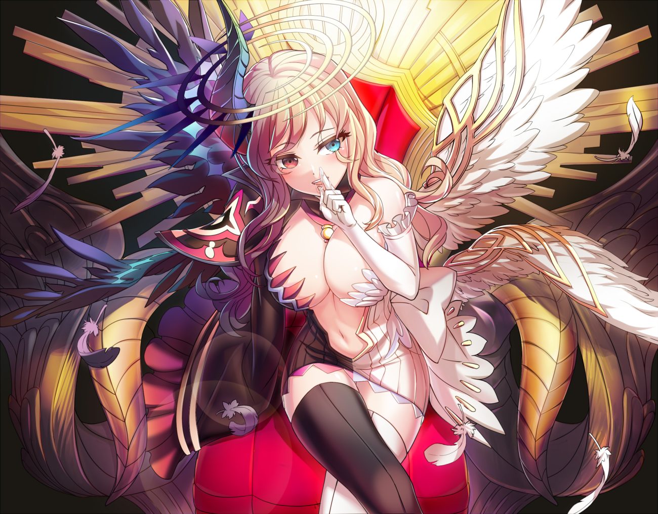 angel bicolored eyes blonde hair blue eyes breasts cleavage demon elbow gloves feathers gloves halo horns long hair navel original red eyes sasa thighhighs wings