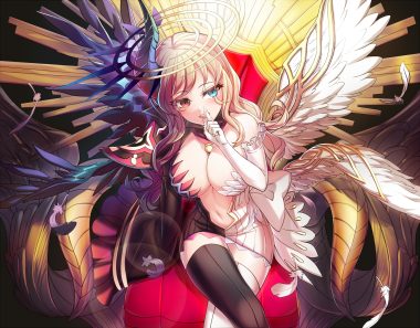 angel bicolored eyes blonde hair blue eyes breasts cleavage demon elbow gloves feathers gloves halo horns long hair navel original red eyes sasa thighhighs wings