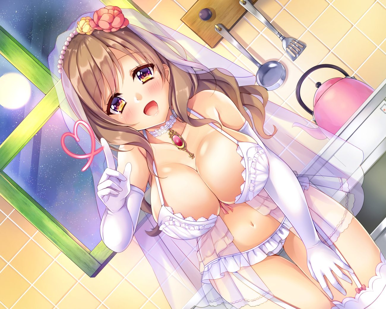 blush bra brown eyes brown hair elbow gloves garter belt gloves headdress long hair original panties saiki akari (akarium sk) stockings underwear wedding attire