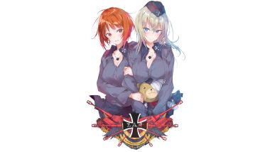 2girls aqua eyes bandage blush breasts cleavage collar combat vehicle girls und panzer gray hair hat itsumi erika long hair nishizumi miho orange eyes orange hair pirobeelzebub short hair skirt teddy bear uniform white