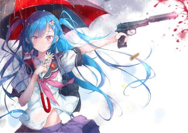 aqua hair blood blush bow flowers gun long hair original pink eyes pirobeelzebub rain school uniform skirt tears twintails umbrella water weapon