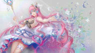 butterfly chococuco dress green eyes long hair original pink hair ribbons staff