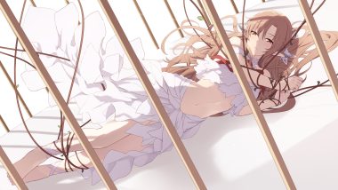 barefoot brown eyes brown hair cage cait dress long hair navel pointed ears ribbons rope sword art online yuuki asuna