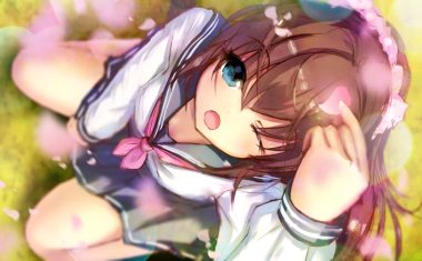 aqua eyes brown hair close headband missile228 petals school uniform sketch skirt wink