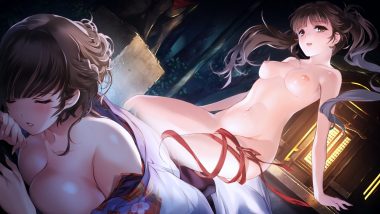 2girls alice soft blush breasts brown eyes brown hair game cg haha ranman japanese clothes long hair min-naraken nipples nude sleeping uka (haha ranman) wakura mayuko