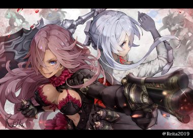 2girls breasts cinderella (sinoalice) dark skin gun hoshizaki reita signed sinoalice snow white (sinoalice) sword watermark weapon