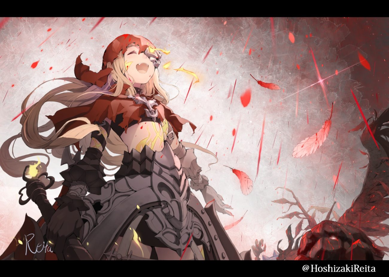 armor blonde hair cape fang feathers hood hoshizaki reita long hair red riding hood (sinoalice) signed sinoalice watermark weapon