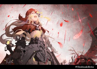 armor blonde hair cape fang feathers hood hoshizaki reita long hair red riding hood (sinoalice) signed sinoalice watermark weapon