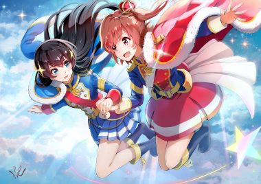 2girls aijou karen aliasing aqua eyes black hair boots cape clouds hoshizaki reita kagura hikari long hair orange hair pink eyes shoujo kageki revue starlight signed skirt stars uniform