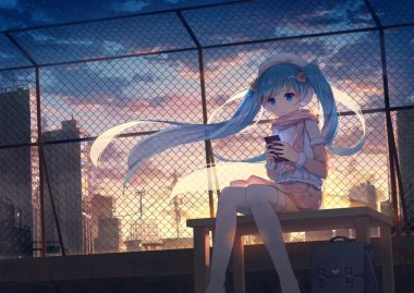blue eyes blue hair building city clouds hatsune miku long hair phone scarf stars sunset twintails vocaloid yue yue