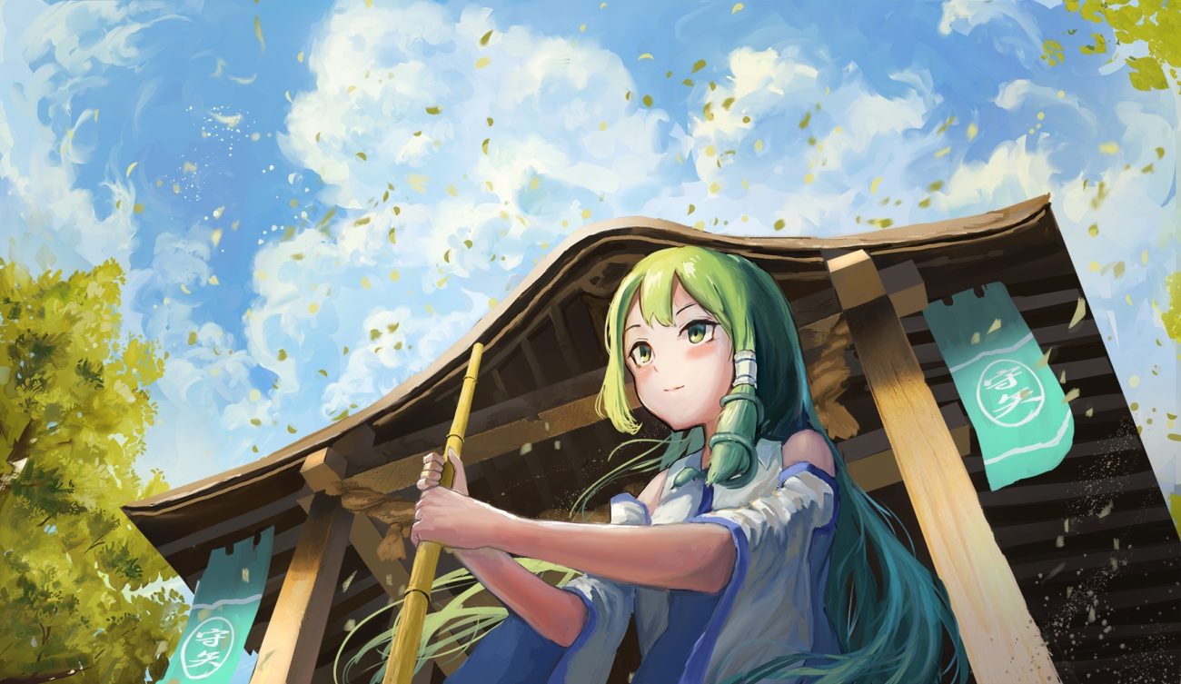 building clouds fjsmu kochiya sanae leaves long hair touhou